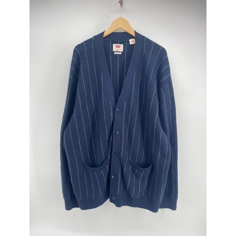 Levis Mens XXL Standard Fit Navy Blue Teal Pinstripe Knit Cardigan Sweater